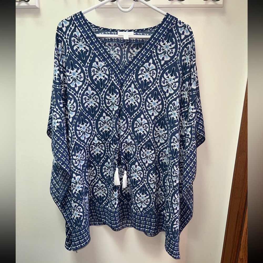 Charter Club Navy and White Patterned Blouse
